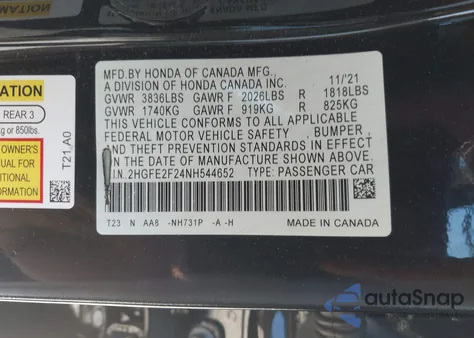 2022 Honda Civic Lx z USA, uszkodzony, nr VIN 2HGFE2F24NH544652